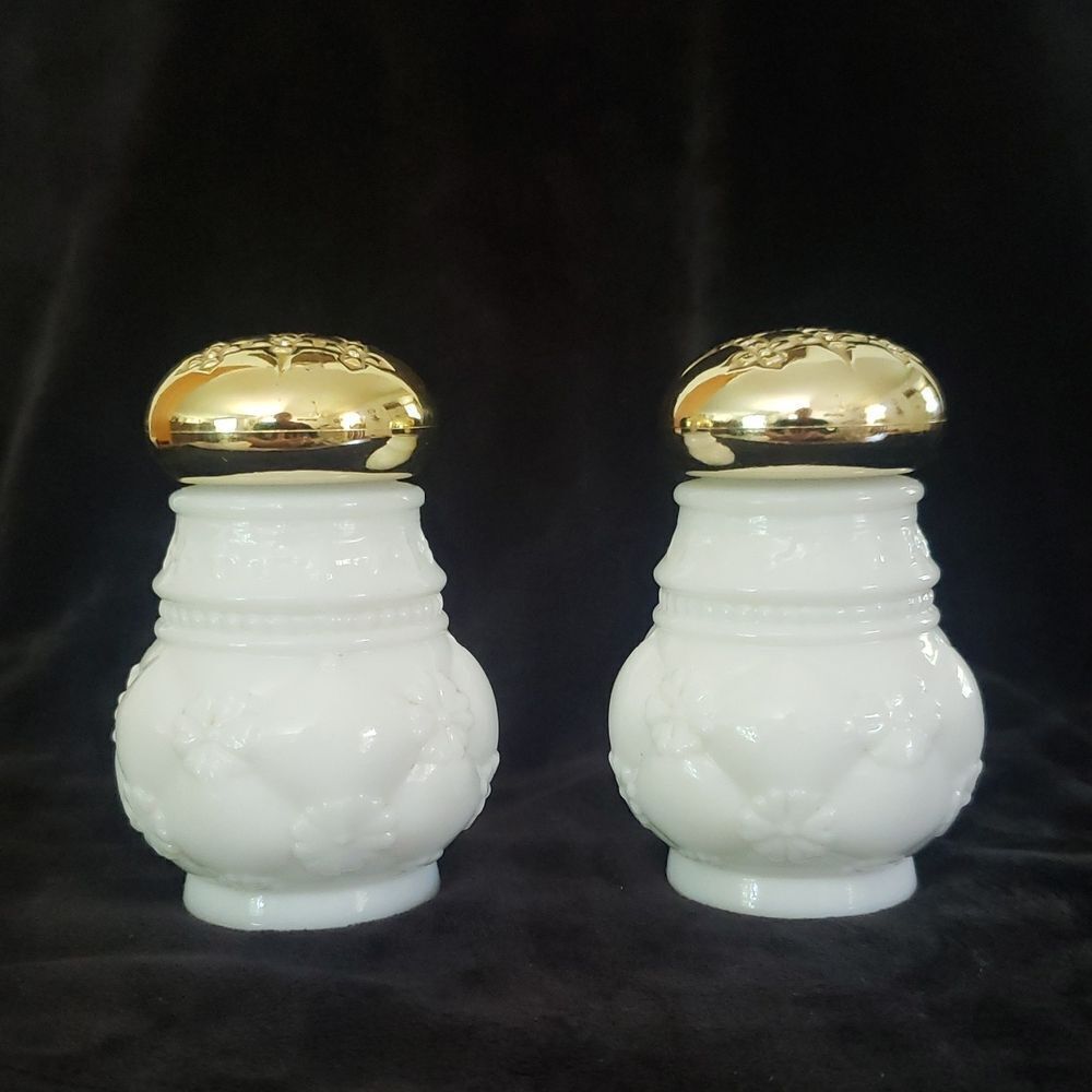Lot of 2 Vintage Avon Milk Glass Embossed Powder Sachet Shakers